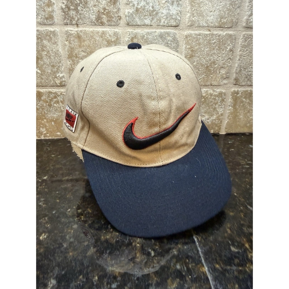 Vintage 1990's NIKE TEAM SPORTS Unique Swoosh Snapback Tan‎ Hat Old School RARE
